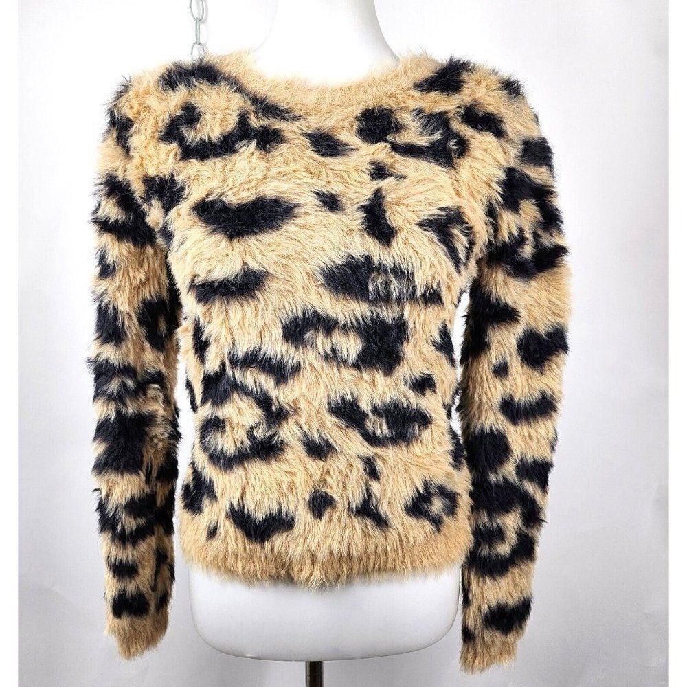FOR THE REPUBLIC Cheetah Print Fuzzy Faux FurCropped Crewneck Sweater sz S $88